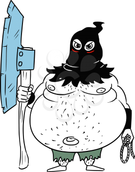 Cartoon vector  fantasy medieval executioner hangman headsman with large axe, rope and black hood