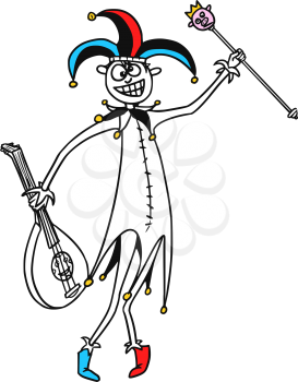 Cartoon vector  fantasy medieval jester fool clown buffoon with hat, scepter and zither or guitar