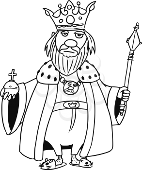 Cartoon vector old fantasy medieval king monarch sovereign with crown apple and scepter