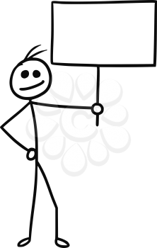 Cartoon vector doodle stickman holding empty sign for your text
