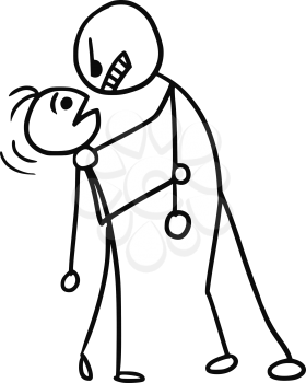 Cartoon vector doodle big stickman is holding neck of smaller stickman