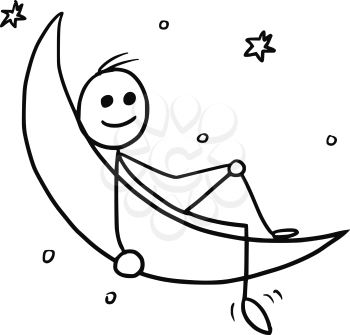 Cartoon vector doodle stickman sitting on the crescent horned moon