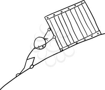 Cartoon vector doodle stickman pushing big box up to slope