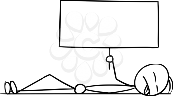 Cartoon vector doodle dead stickman lying on the ground and holding empty sign for your text