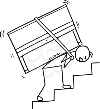 Cartoon vector doodle stickman carrying a piano up the stairs
