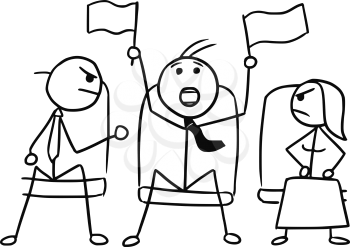 Cartoon vector doodle stickman in theater or cinema with flags waving and two angry viewers