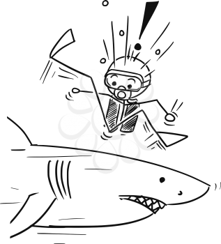 Cartoon vector stickman scuba diver meet large dangerous shark unexpectedly