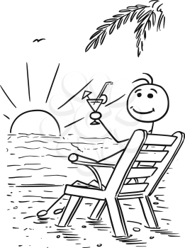 Cartoon vector stickman smiling enjoying relax sitting on the beach chair under palm tree drinking his drink and watching the sunset