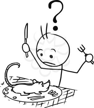 Cartoon vector stickman surprised male tourist to whom was served rat as food, dish, meal, launch with question mark above his head