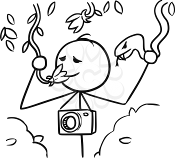 Cartoon vector stickman tourist with camera smelling liana flower in jungle forest and holding a snake by mistake instead of a flower
