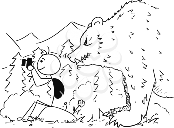 Cartoon vector stickman tourist is sitting on the rock taking a picture with camera in mountain while large huge bear stand behind him