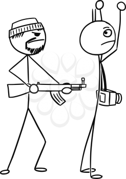 Cartoon vector stickman tourist with camera is kidnapped or attacked by AK gunmen and holding hands up
