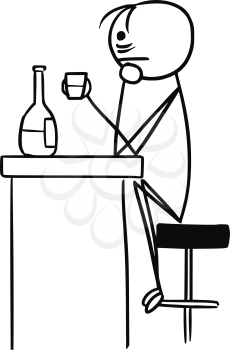 Cartoon vector stick man sad men in depression is drinking sitting in the bar alone with half empty bottle