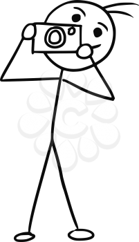 Cartoon vector doodle stickman taking images with camera
