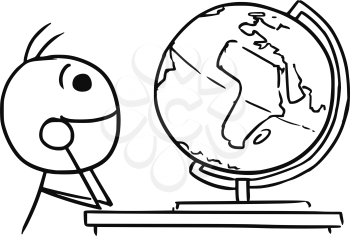 Cartoon vector stick man men daydreaming about travels around the Earth watching the globe
