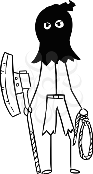 Cartoon vector stickman male executioner hangman in black hood posing with large axe and rope
