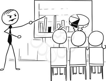 Cartoon vector doodle stickman stick man male boss or teacher is presenting several graphs on the table or screen, 3 office workers or students are sitting in front of him watching