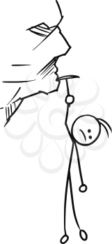 Cartoon vector doodle stickman hanging dangerously on the cliff