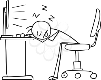 Cartoon vector doodle stick man office worker is sleeping with head on the office table in front of the computer screen deadly tired, overworked and sleepy