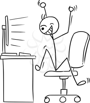 Cartoon vector doodle stick man office worker is watching the computer screen and jumping happy with arms up celebrating some success