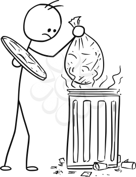 Cartoon vector stickman men is throwing putting the bag with trash waste in to smelling dustbin garbage can trashcan