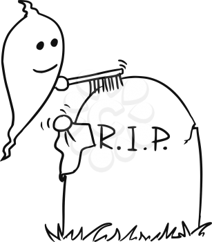Cartoon vector small ghost is cleaning up the tombstone with brush and cloth