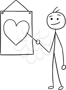 Cartoon vector stick man men is holding a pointer and pointing at heart symbol on the wall sign