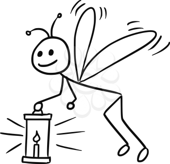 Cartoon vector doodle stickman firefly flying with a lantern