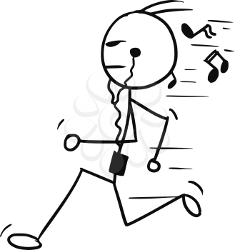 Cartoon vector doodle stickman running with music player and earphones