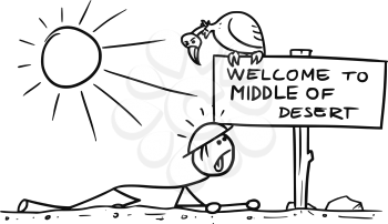 Cartoon vector doodle stickman crawling thirsty in middle of desert meet sign