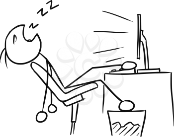 Cartoon vector doodle stickman man sleeping in front of the computer screenwith leg on the table