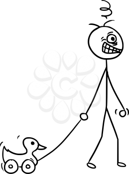Cartoon vector doodle crazy mad stickman pulling plastic duck