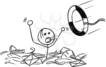 Cartoon vector doodle stickman man drowning in the office paper and life buoy thrown in paper