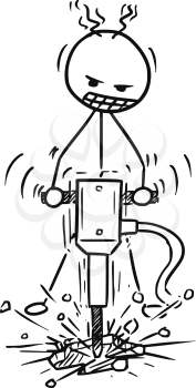 Cartoon vector doodle stickman working hard with pneumatic drill