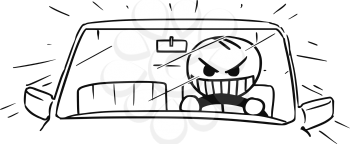 Cartoon vector stickman of mad crazy raging man driving a car fast