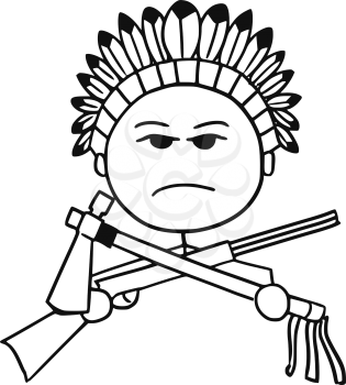 Cartoon vector stickman of native Indian tribal chieftain with rifle and tomahawk.