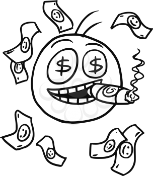 Cartoon vector of smiling stickman with big cigar,dollar sign in eyes and money falling around