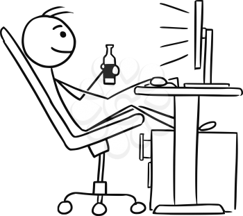 Cartoon vector doodle stickman sitting in work in front of computer screen legs up and enjoying the beer