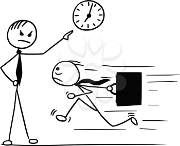 Cartoon vector doodle stickman running for work few minutes late and his boss waiting and pointing at wall clock