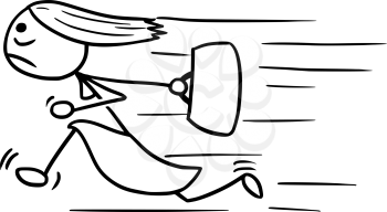 Cartoon vector doodle stickman woman running with hand bag in hand, maybe late for work 