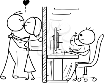 Cartoon vector doodle stickman man and woman couple in love kissing at office, job, work hidden from co-workers
