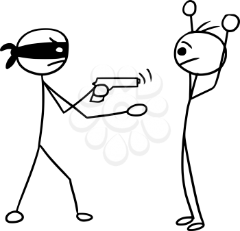 Cartoon vector stickman two man during armed robbery, attack, mug, crime with pistol, one  man hands up; robber with mask and pistol