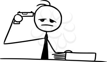 Cartoon vector doodle stickman pointing gun pistol at his head committing suicide