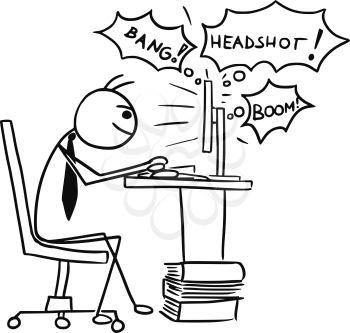 Cartoon vector doodle stickman playing video game on computer screen during work job 