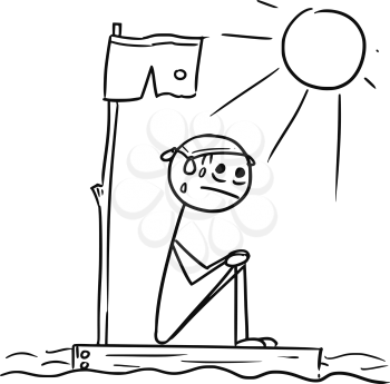 Cartoon vector stickman man lost sitting naked on the piece of wood raft from the ship wreck in the center of the ocean with Sun shining
