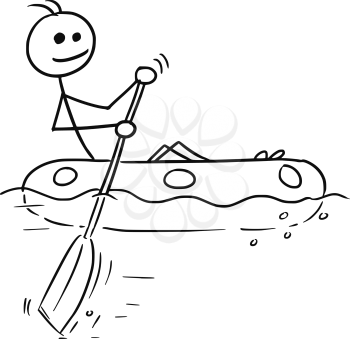 Cartoon vector stickman smiling enjoying sailing a rubber boat