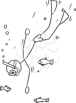 Cartoon vector stickman free diver going deep with fish around on summer vacation holiday