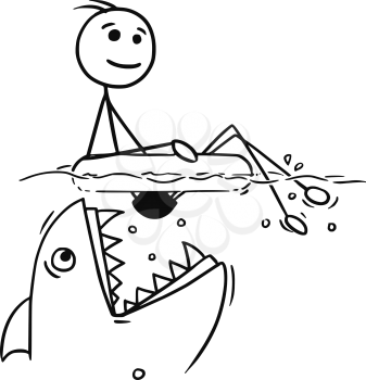 Cartoon vector stickman smiling enjoying relax sitting on inflatable swim ring while attacked by large fish or shark