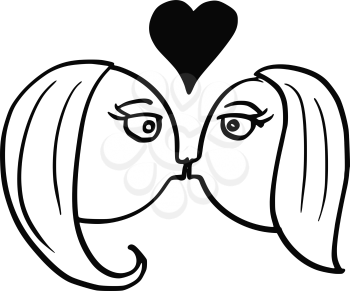Cartoon vector of woman and woman two lesbian women in love kissing smooching each other with large heart symbol above their heads