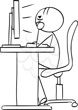 Cartoon vector stick man stickman drawing of man sitting bored in work job in front of the computer screen